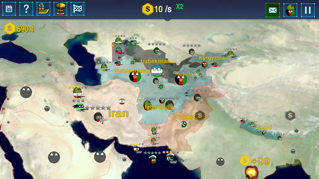 Countryballs: World War Simula [MOD: безлимитные ресурсы и все страны открыты] Screenshot 2