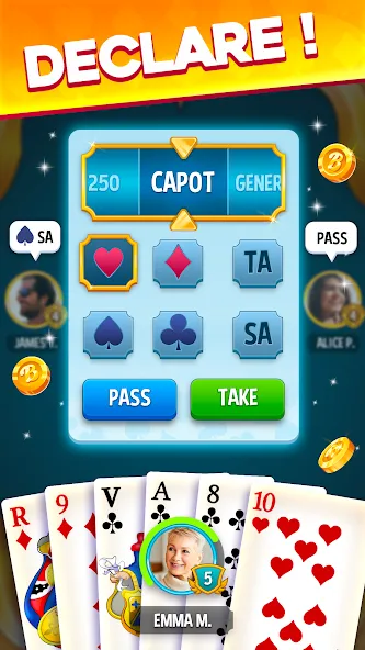 Belote &amp; Coinche: le Défi [MOD: безлимитные монеты и бонусы] Screenshot 3