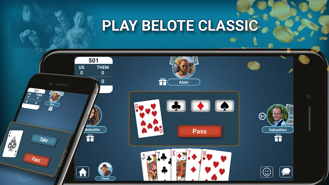 Blot Belote Coinche Online [MOD: безлимитные монеты и подсказки] Screenshot 1