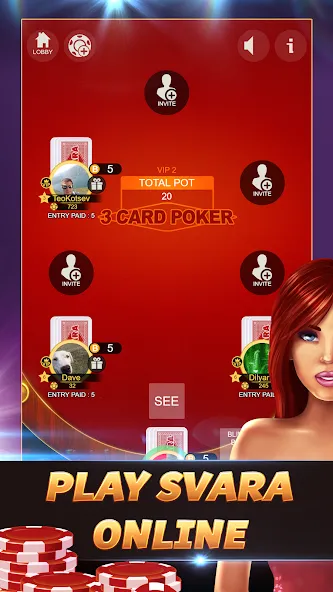 Svara - 3 Card Poker Card Game [MOD: безлимитные фишки и открытые уровни] Screenshot 1
